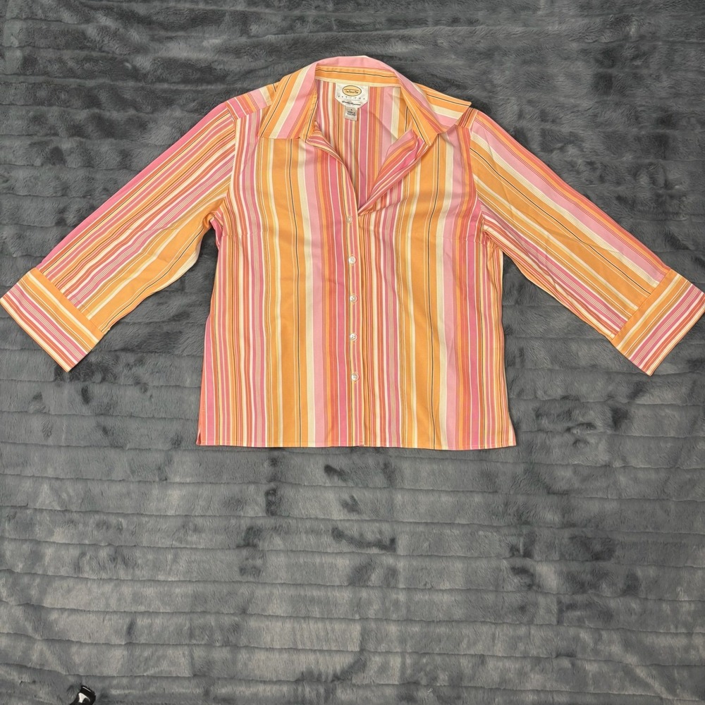 Talbots Petites Pink Orange Striped 100% Cotton Button Down Shirt Size 4P 7462